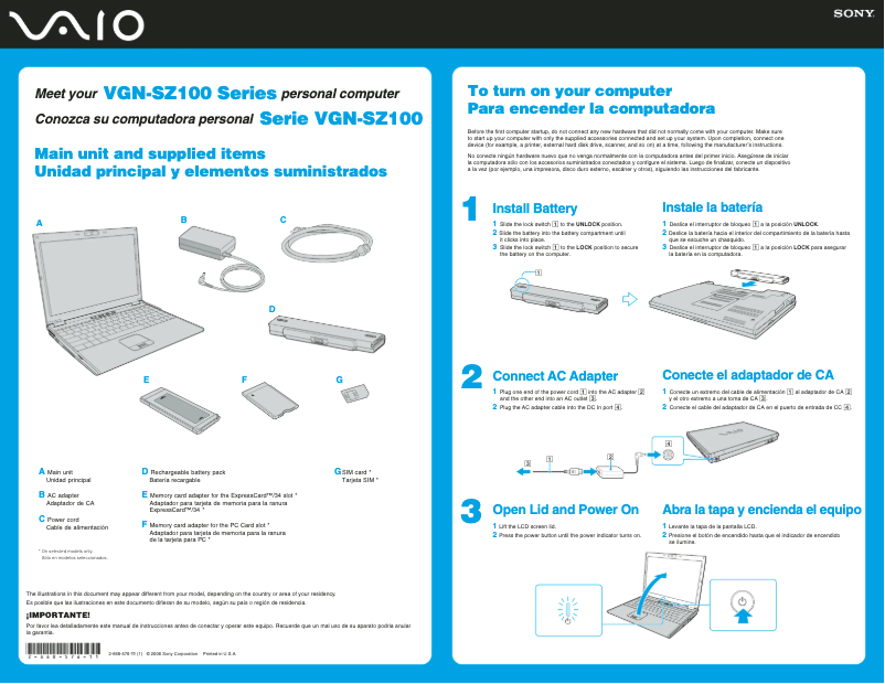 Page 1 de la notice Guide d'installation Sony Vaio VGN-SZ150P