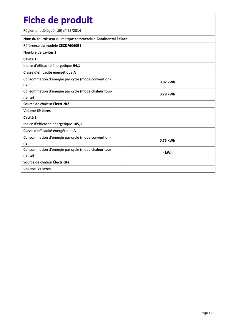 Page n°1 - Label énergétique Continental Edison CECDF6060B1