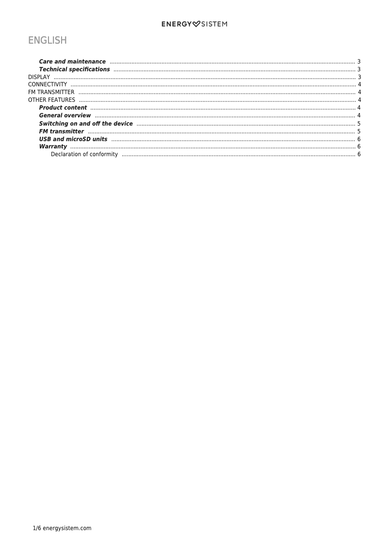 Page n°1 - Manuel utilisateur Energy Sistem Car Transmitter FM