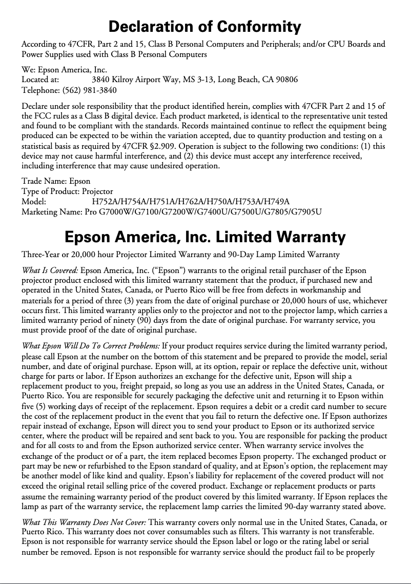 Página 1 del manual Información de garantía Epson PRO G7000W