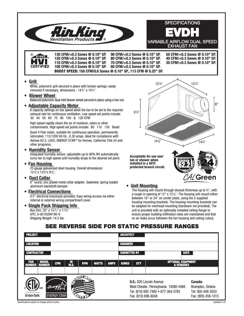 Page 1 de la notice Fiche technique Air King EVDH