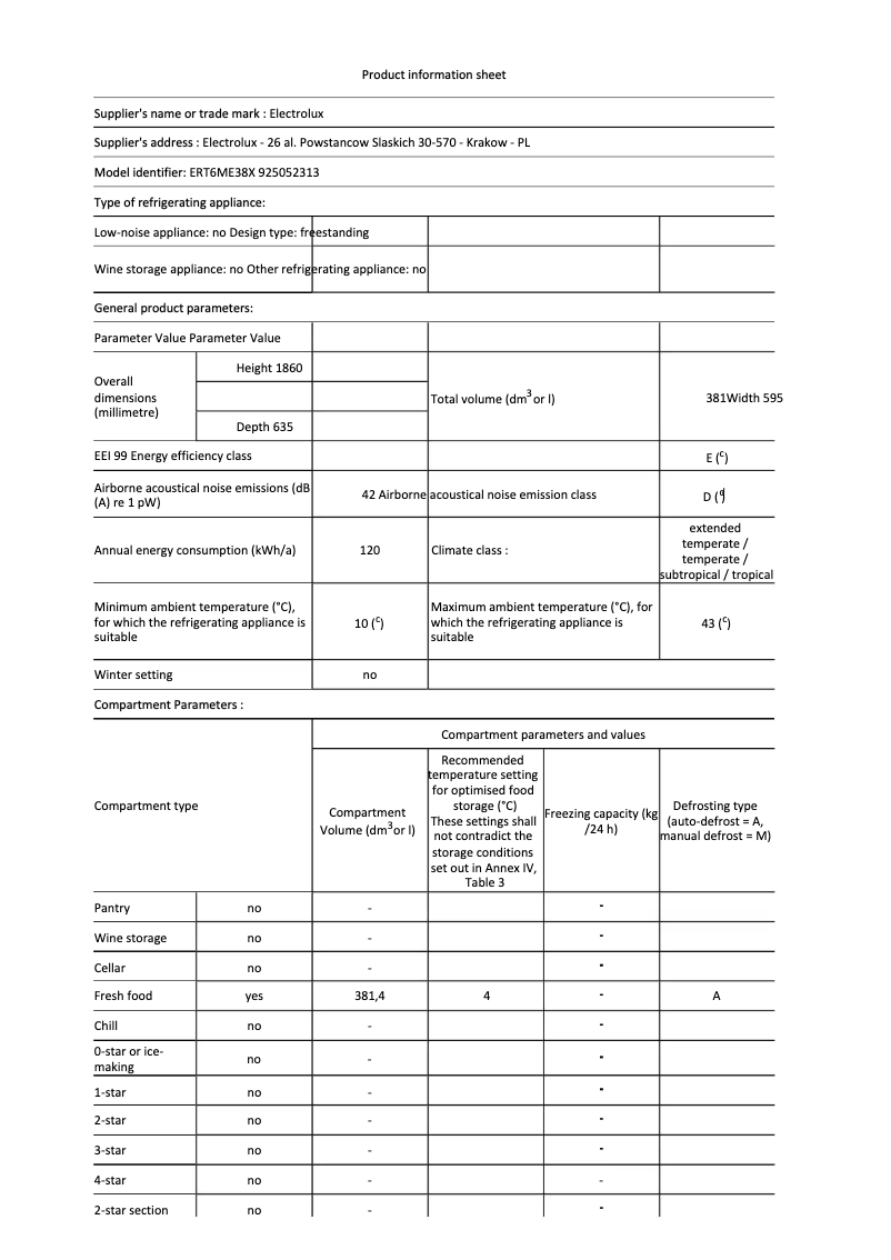 Page n°1 - Fiche technique Electrolux ERT6ME38X