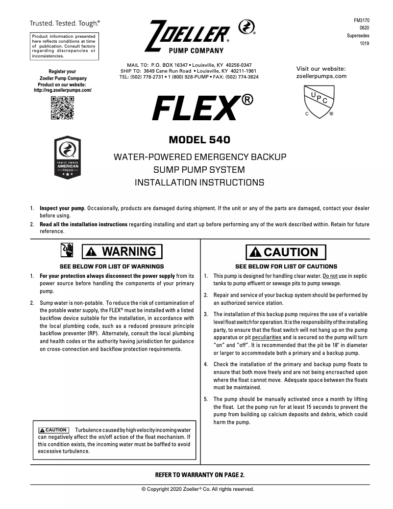 Page 1 de la notice Manuel utilisateur Zoeller Flex 540