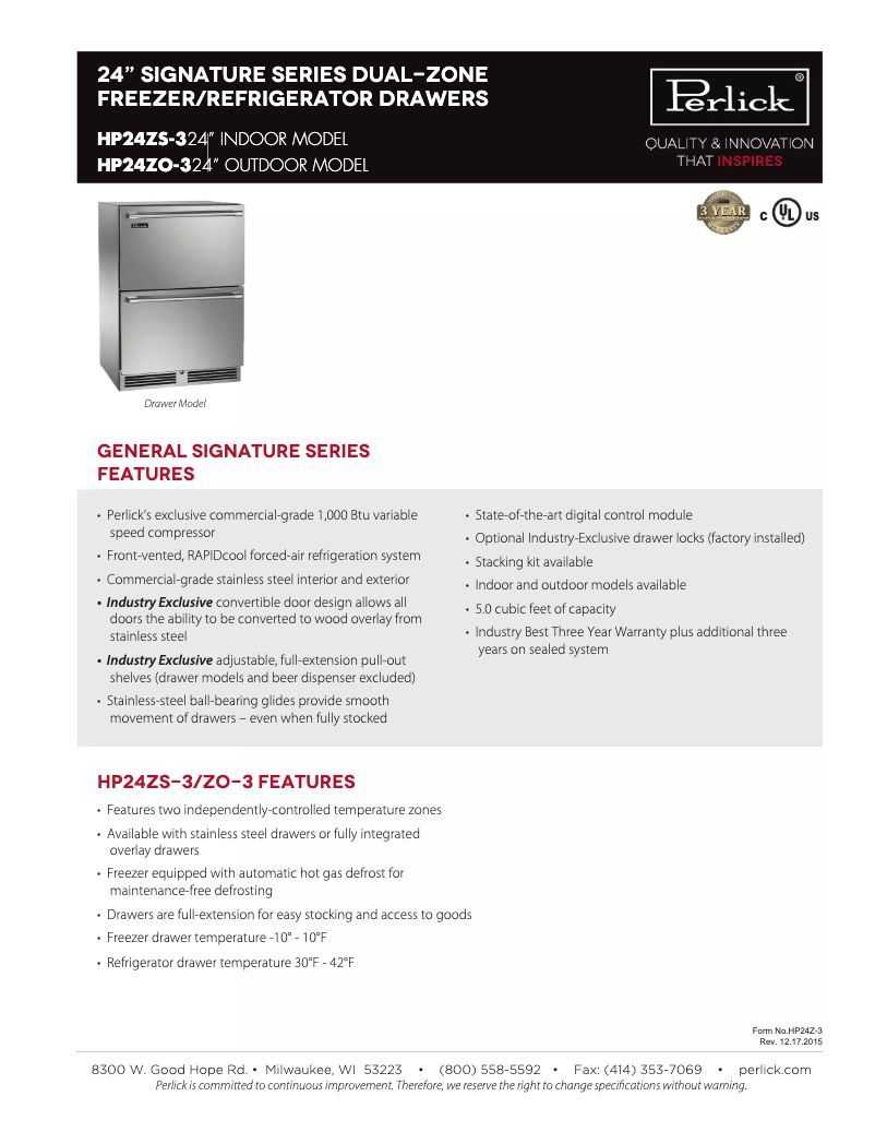 Page n°1 - Fiche technique Perlick HP24ZS-3-5