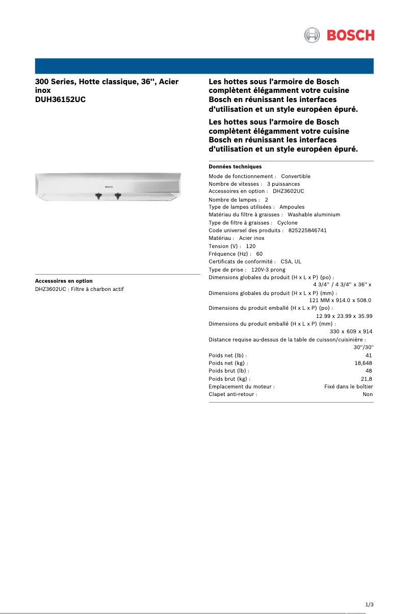 Página 1 del manual Ficha técnica Bosch DUH36152UC