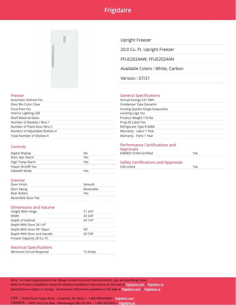 Página 1 del manual Ficha técnica Frigidaire FFUE2024AN