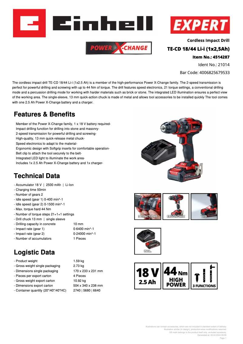 Page n°1 - Fiche technique Einhell TE-CD 18/44 Li-i