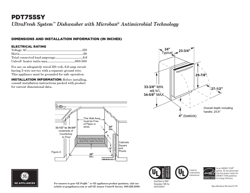 Page 1 de la notice Fiche technique GE PDT755SYRFS