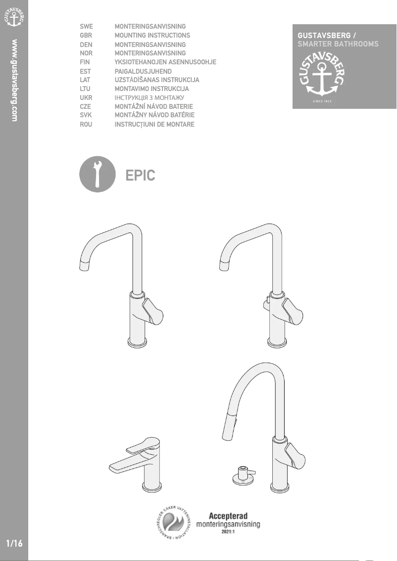 Page n°1 - Instructions / montage Gustavsberg Epic