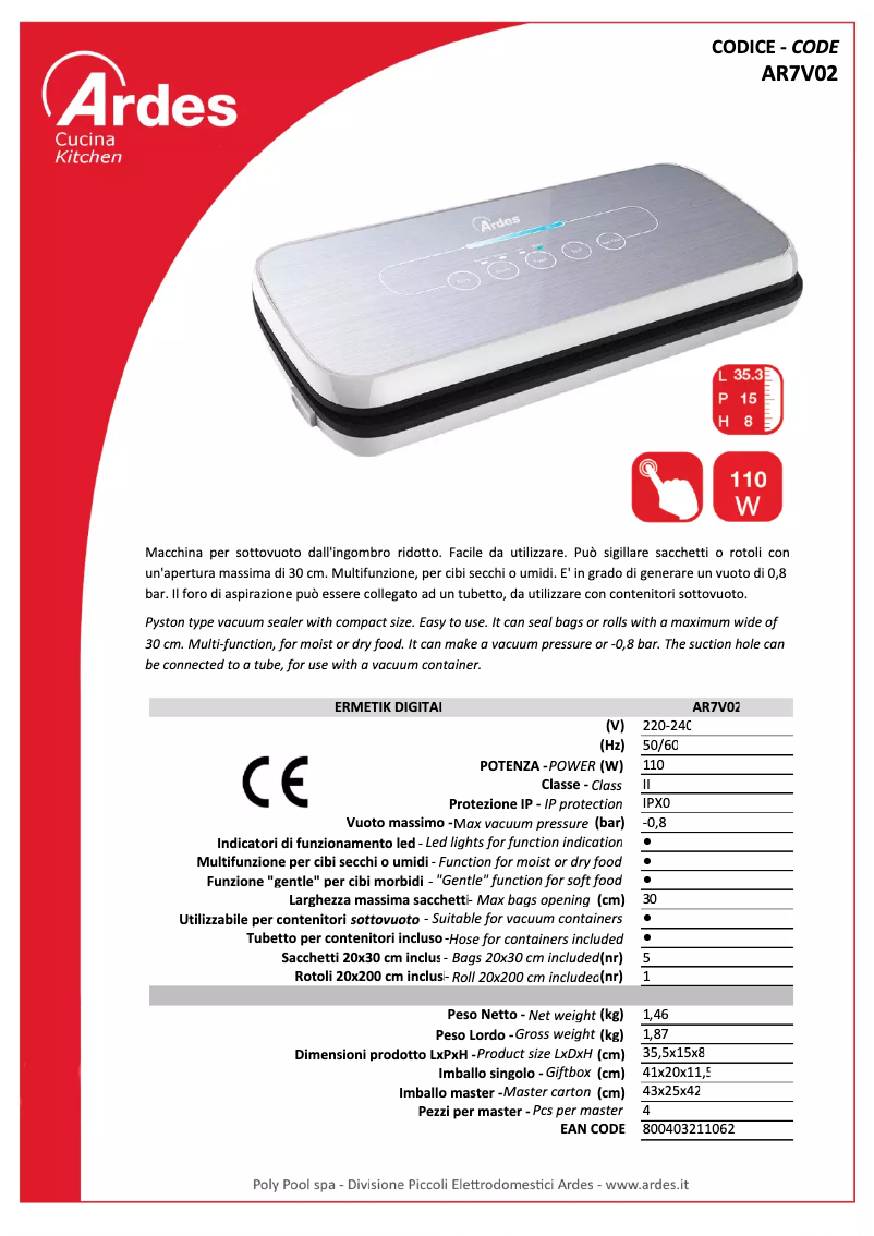 Page 1 de la notice Fiche technique Ardes AR7V02