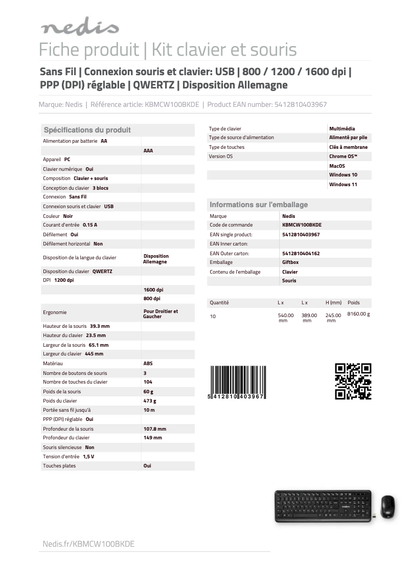 Page 1 de la notice Fiche technique Nedis KBMCW100BKDE