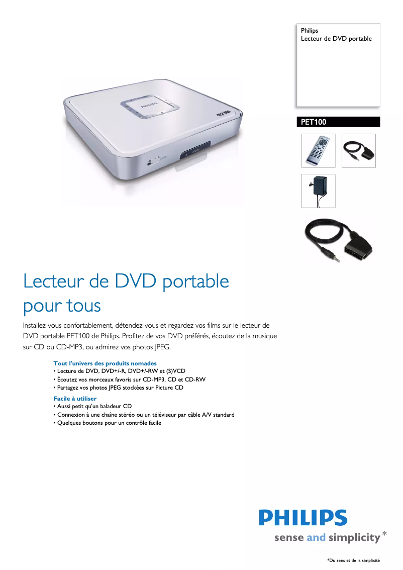 Page 1 de la notice Fiche technique Philips PET100