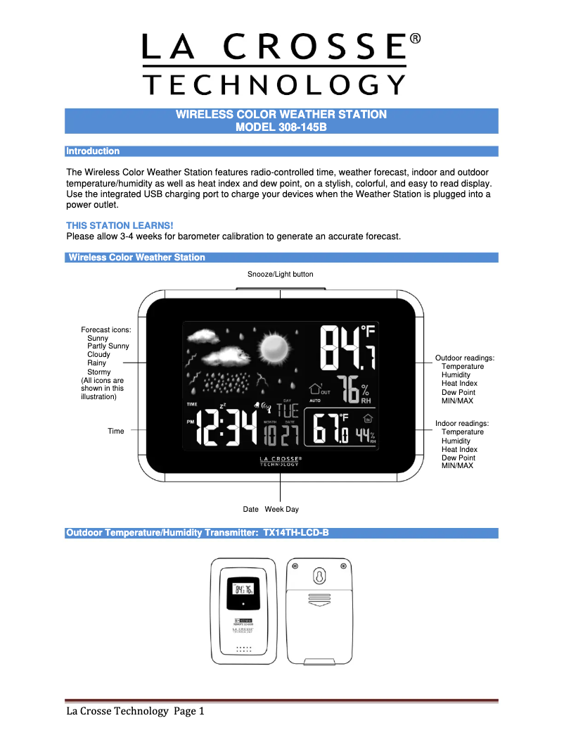 Page 1 de la notice Manuel utilisateur La Crosse Technology 308-145B