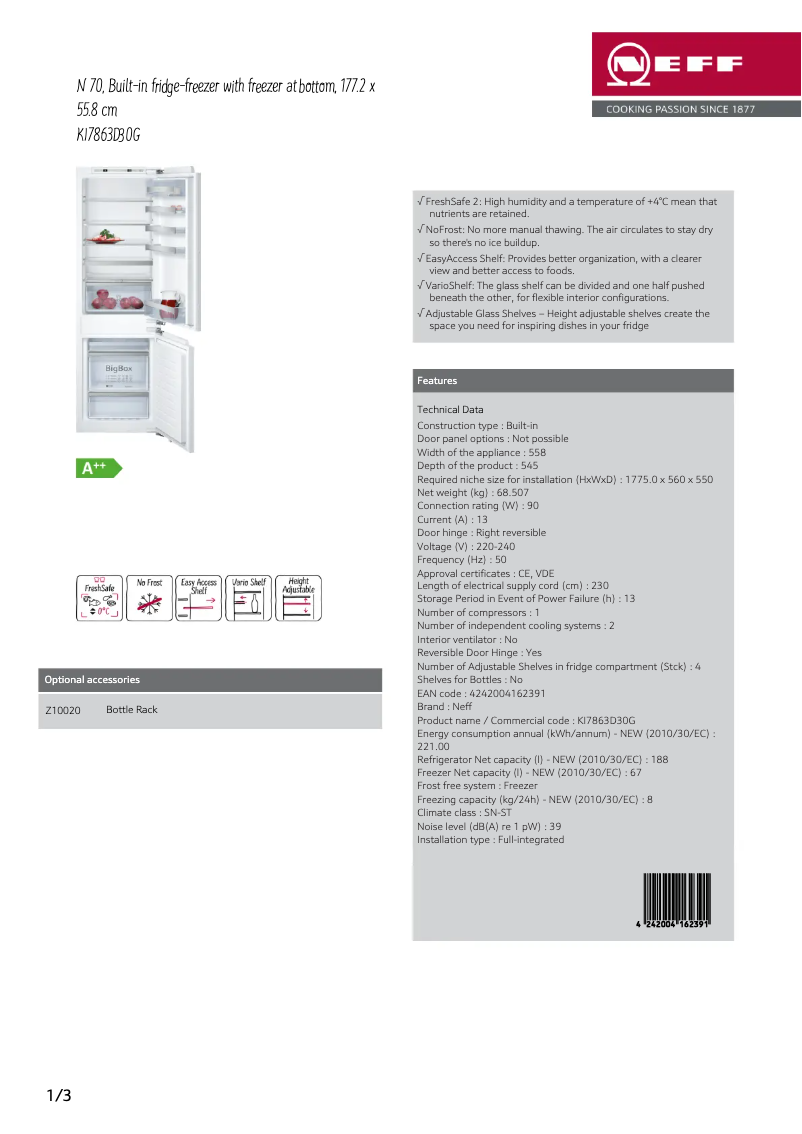 Page 1 de la notice Fiche technique Neff KI7863D30G