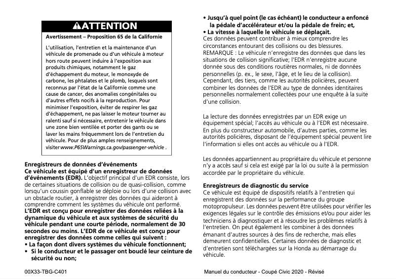 Page 1 de la notice Manuel utilisateur Honda Civic Coupe (2020)