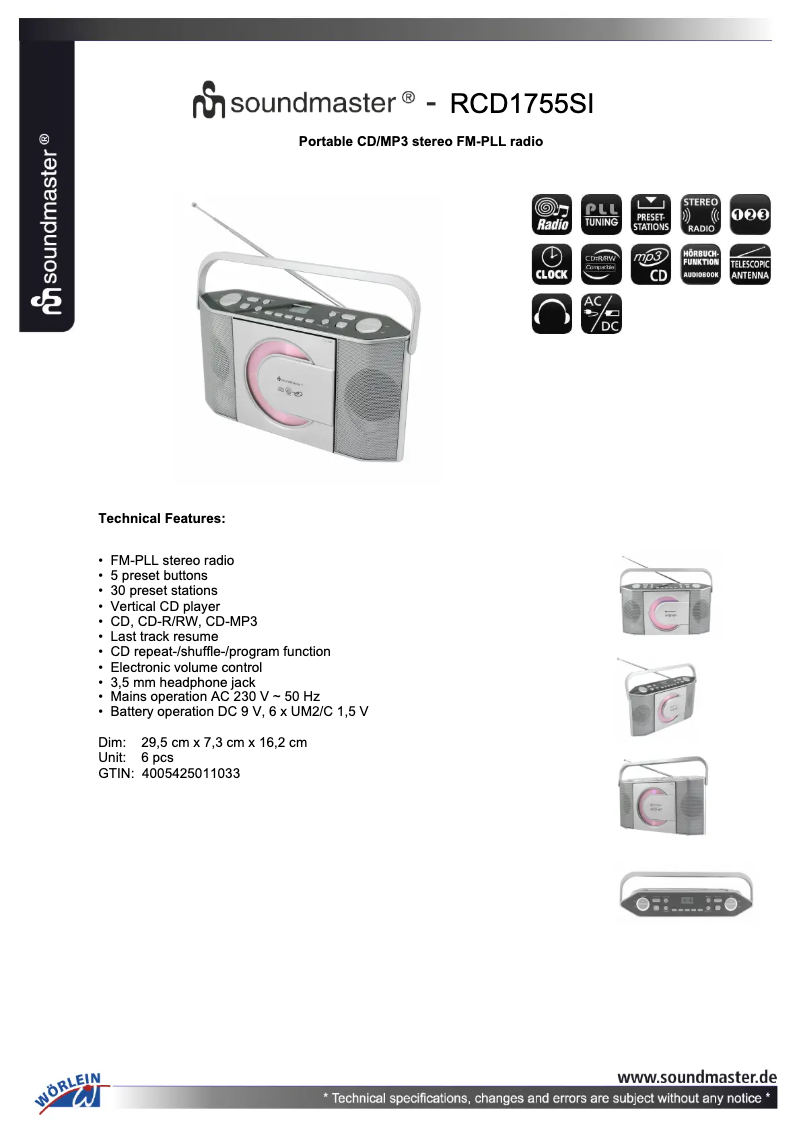 Page n°1 - Fiche technique Soundmaster RCD1755