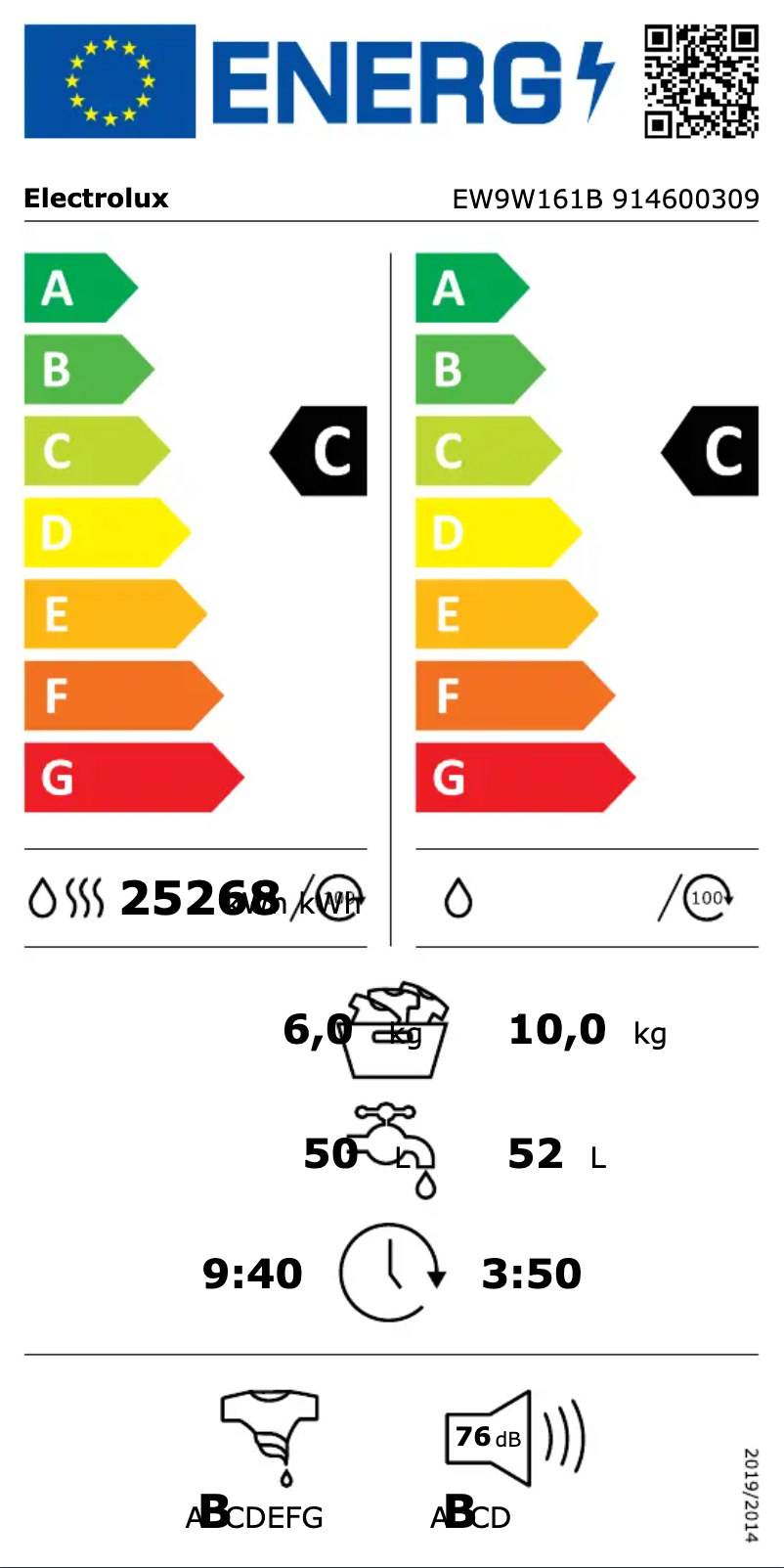 Page 1 de la notice Label énergétique Electrolux EW9W161B
