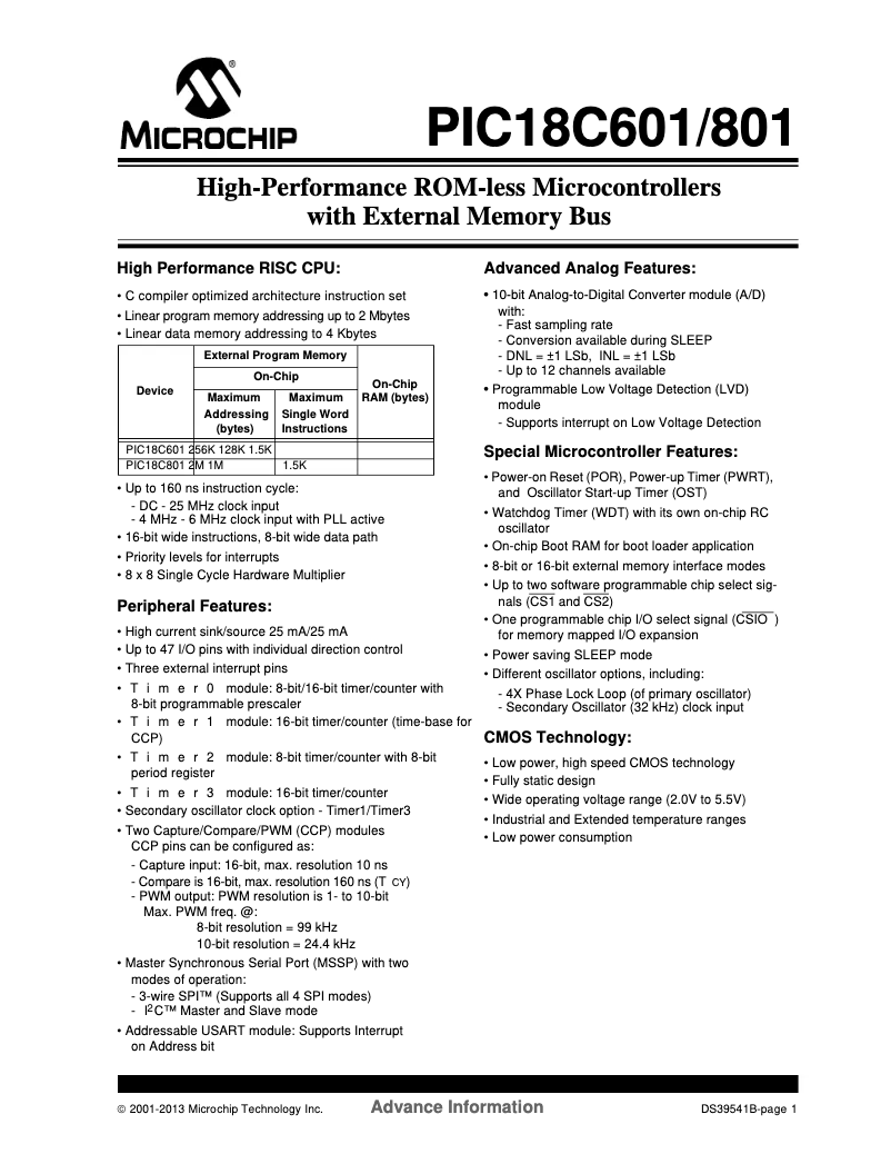 Page 1 de la notice Fiche technique Microchip PIC18C601