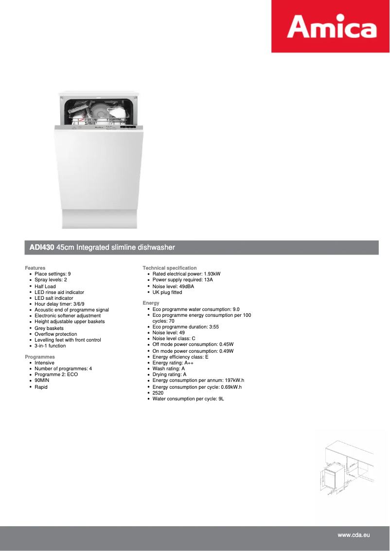 Page 1 de la notice Fiche technique Amica ADI430