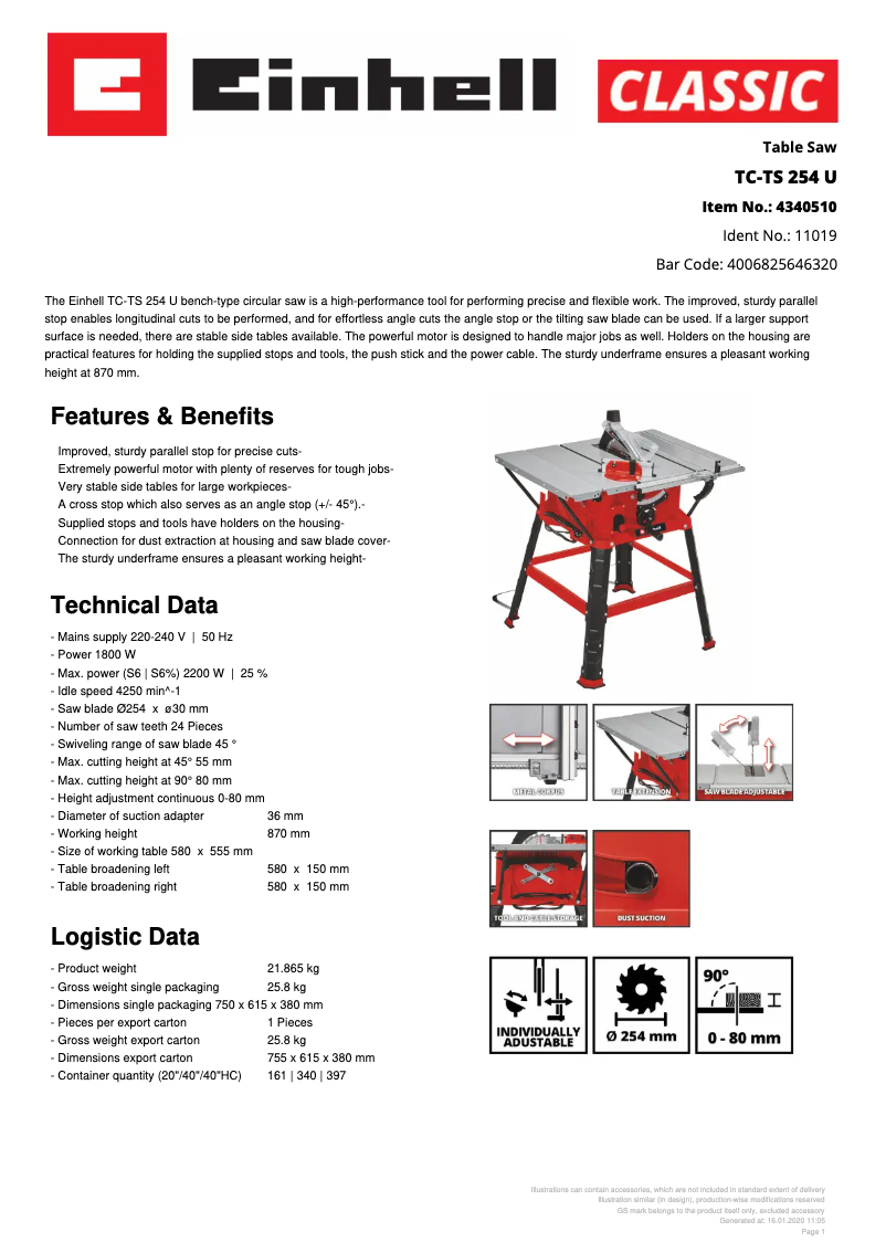 Page 1 de la notice Fiche technique Einhell TC-TS 254 U