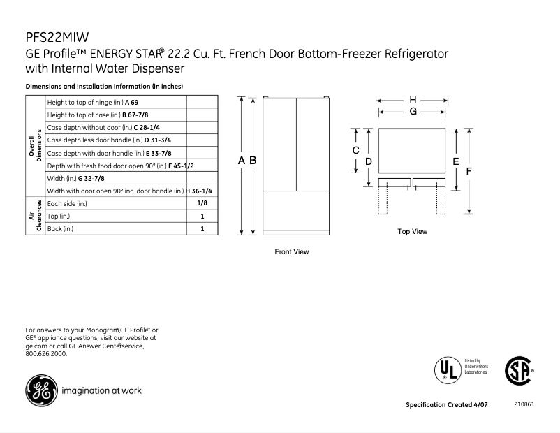 Page 1 de la notice Fiche technique GE PFS22MIWBB