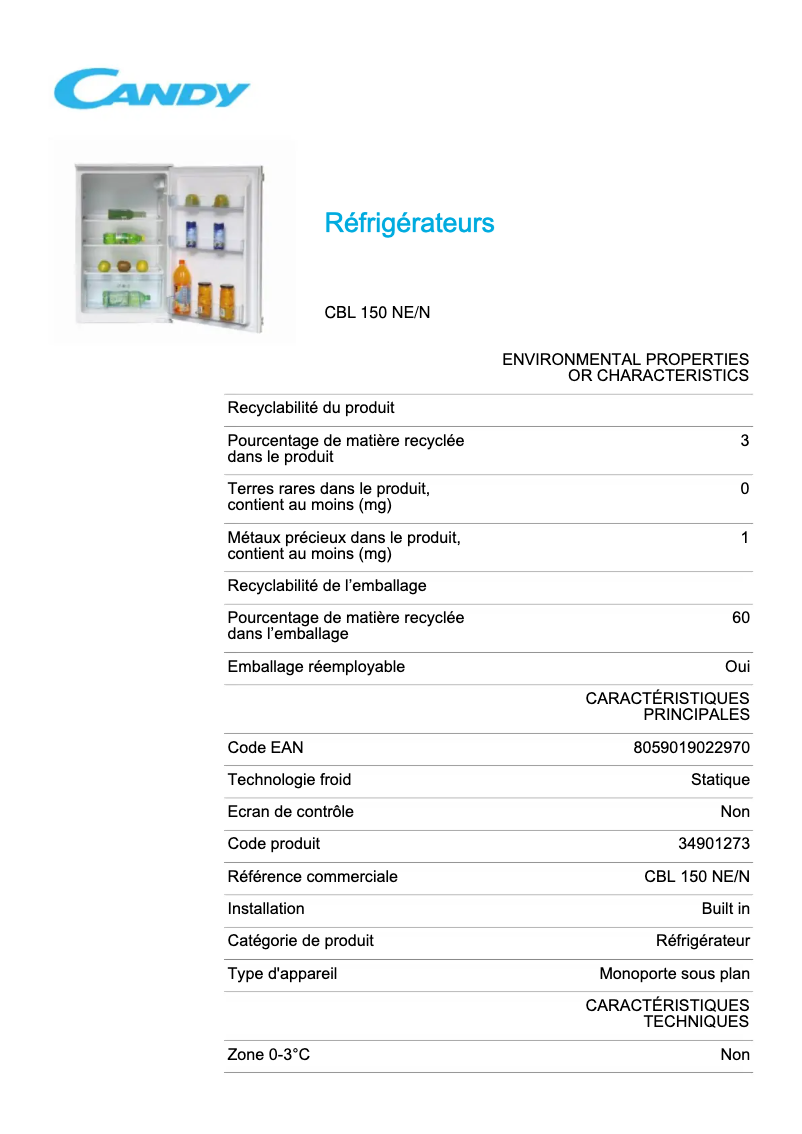 Page 1 de la notice Fiche technique Candy CBL 150 NE/N