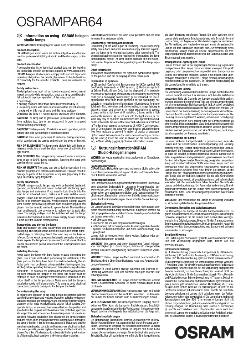 Page 1 de la notice Instructions / montage Osram PAR64