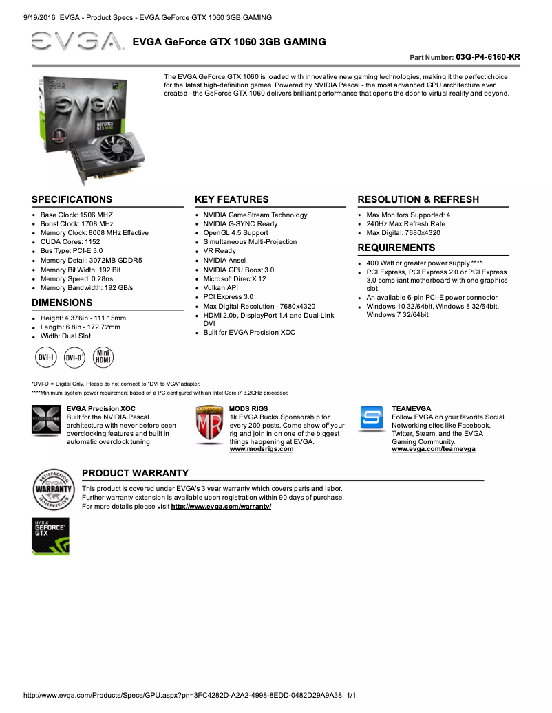 Page 1 de la notice Fiche technique EVGA GeForce GTX 1060