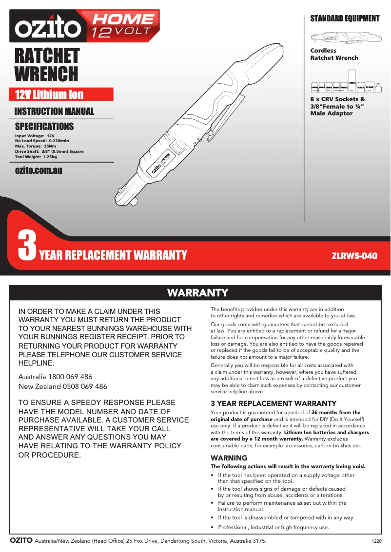 Page 1 de la notice Manuel utilisateur Ozito ZLRWS-040