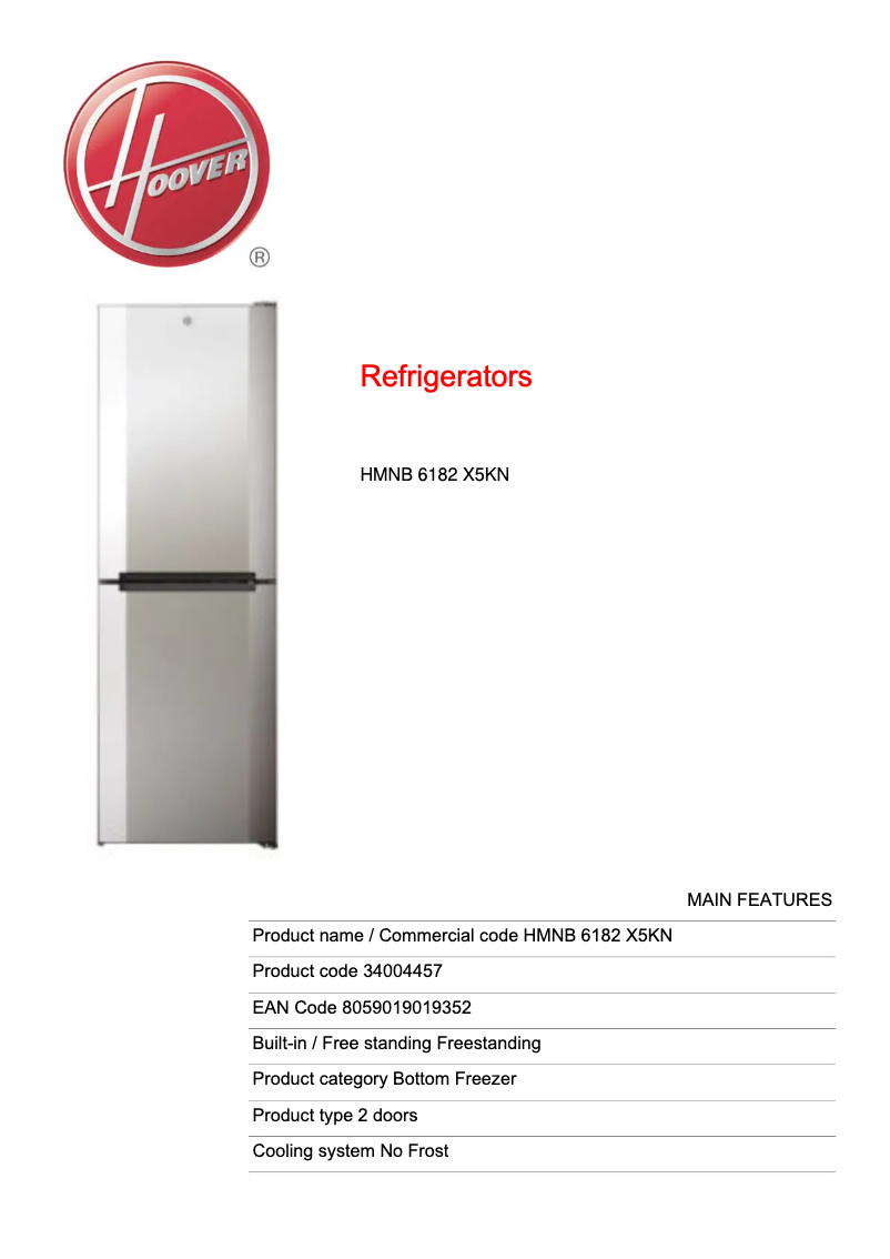 Page n°1 - Fiche technique Hoover HMNB 6182 X5KN