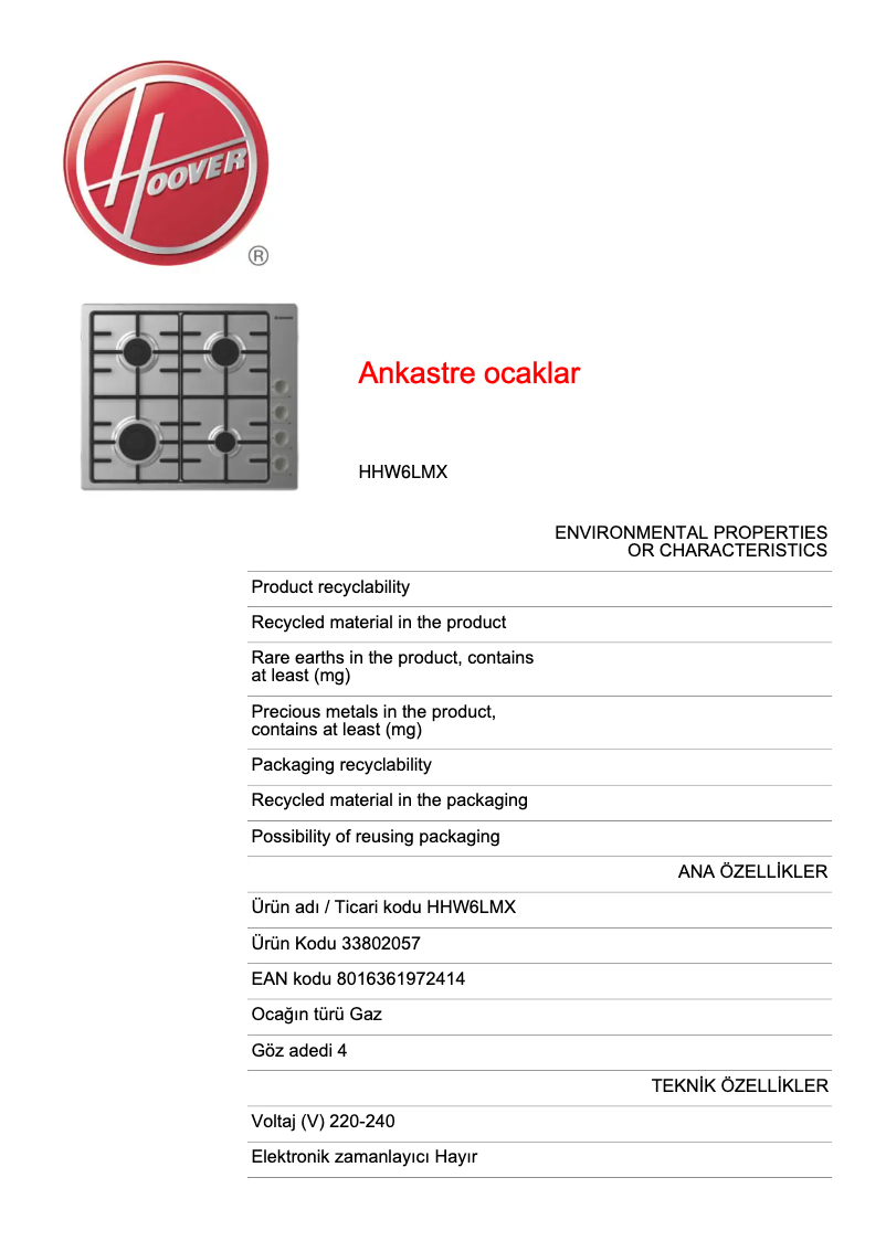 Page n°1 - Fiche technique Hoover HHW6LMX