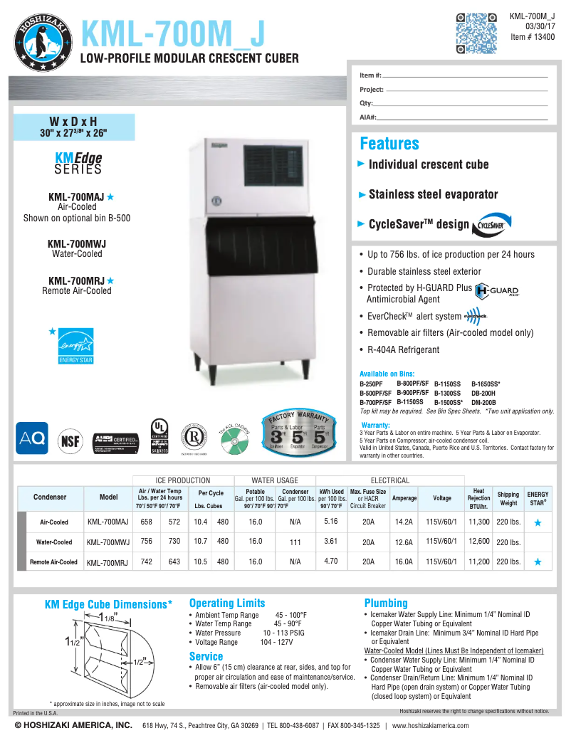 Page 1 de la notice Fiche technique Hoshizaki KML-700MRJ
