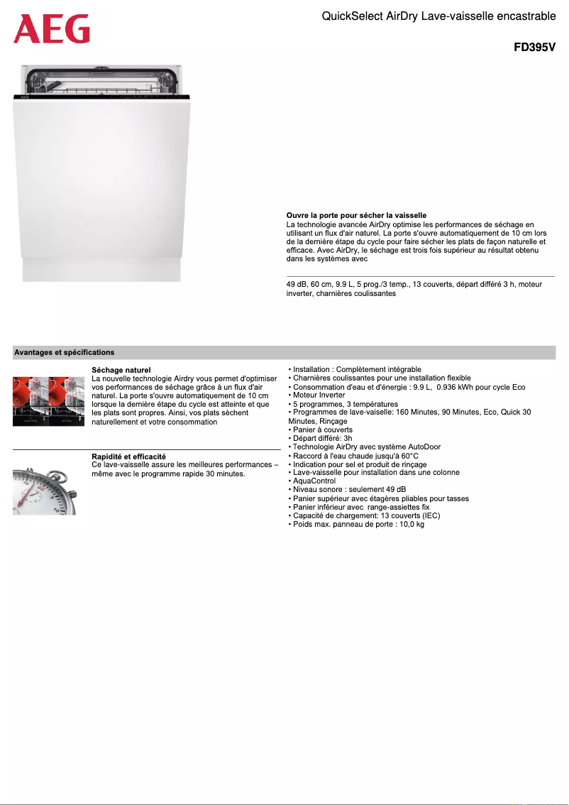 Page 1 de la notice Fiche technique AEG FD395V