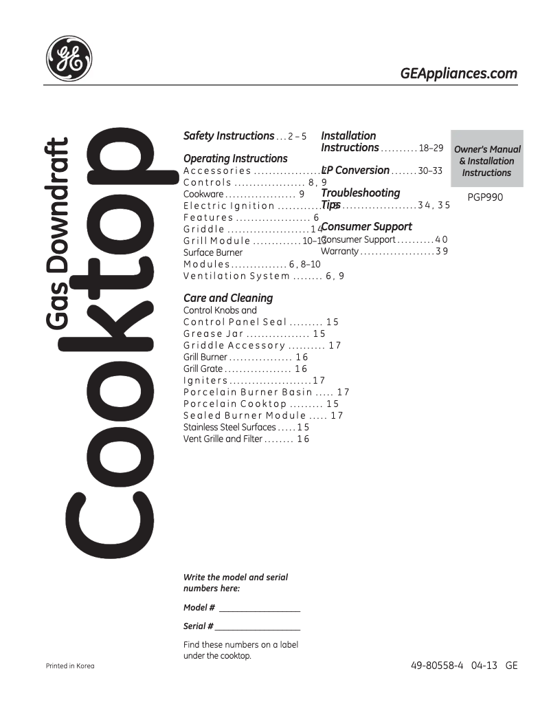 Page 1 of the manual Instruction Manual GE Profile PGP990DEFBB