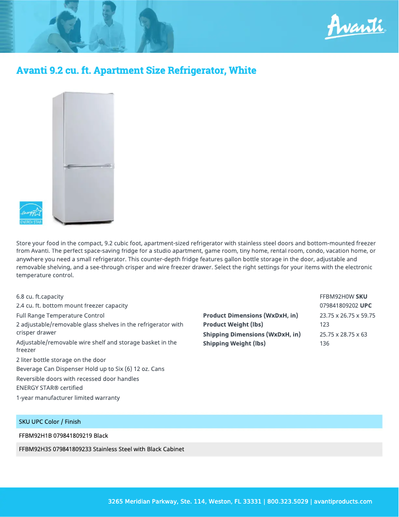 Page 1 de la notice Fiche technique Avanti FFBM92H0W