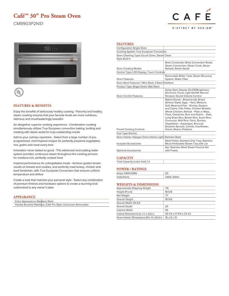 Page 1 de la notice Fiche technique GE Café CMB903P2NS1