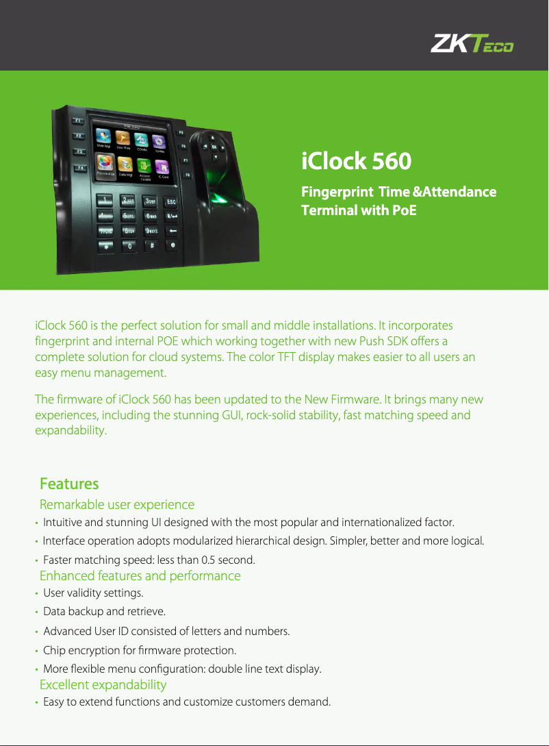 Page 1 de la notice Fiche technique ZKTeco ICLOCK 560