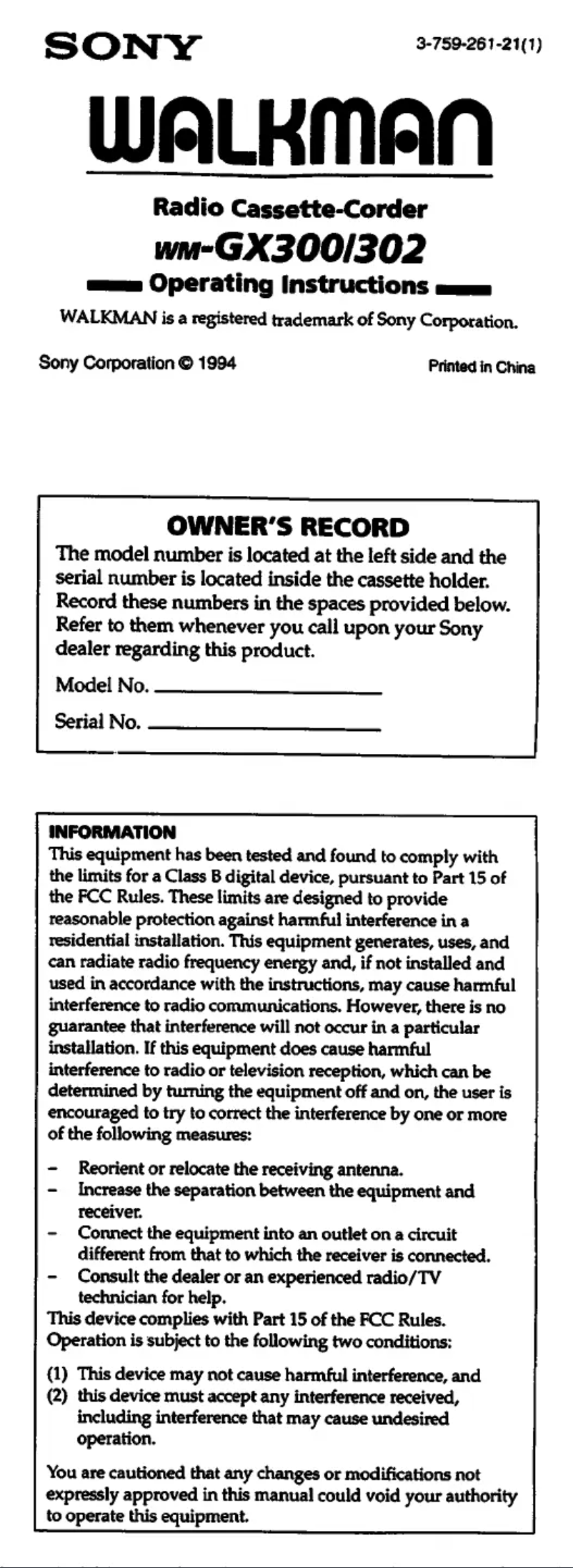 Page 1 de la notice Manuel utilisateur Sony Walkman WM-GX300