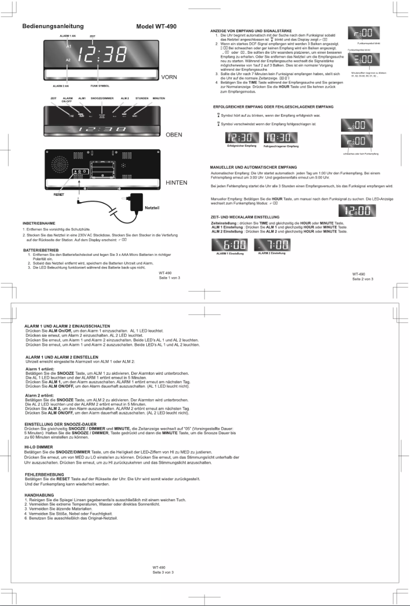 Page 1 de la notice Manuel utilisateur Techno Line WT 490