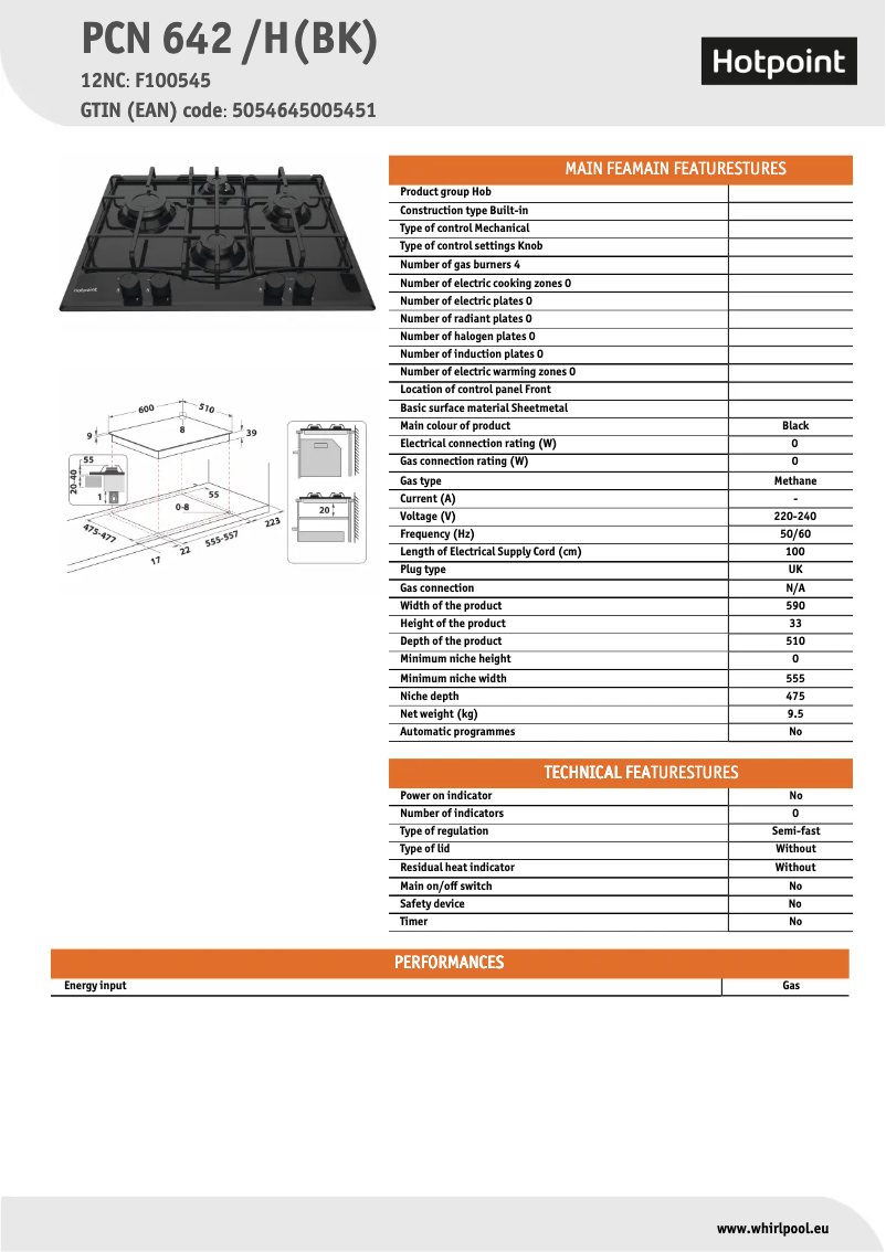 Page 1 de la notice Fiche technique Hotpoint PCN 642 /H(BK)