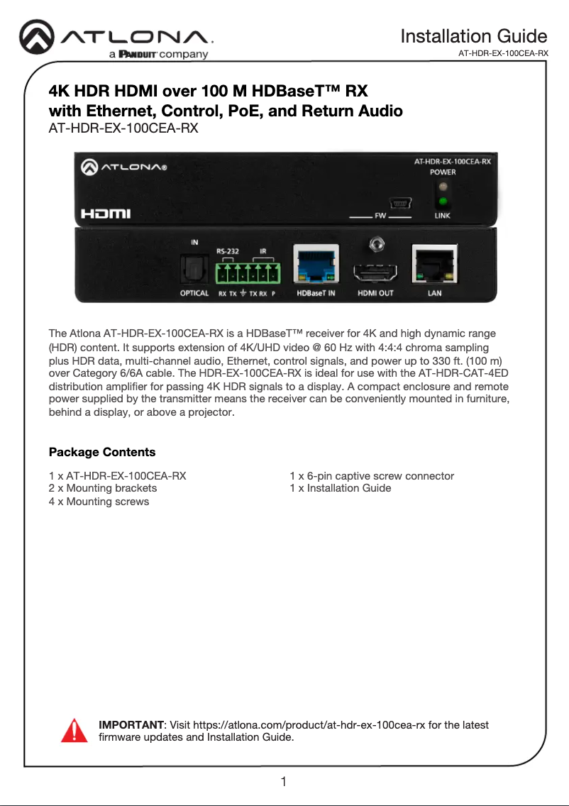 Page n°1 - Manuel utilisateur Atlona AT-HDR-EX-100CEA-RX