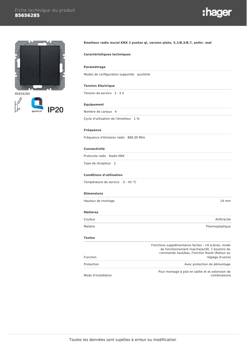 Page n°1 - Fiche technique Hager 85656285