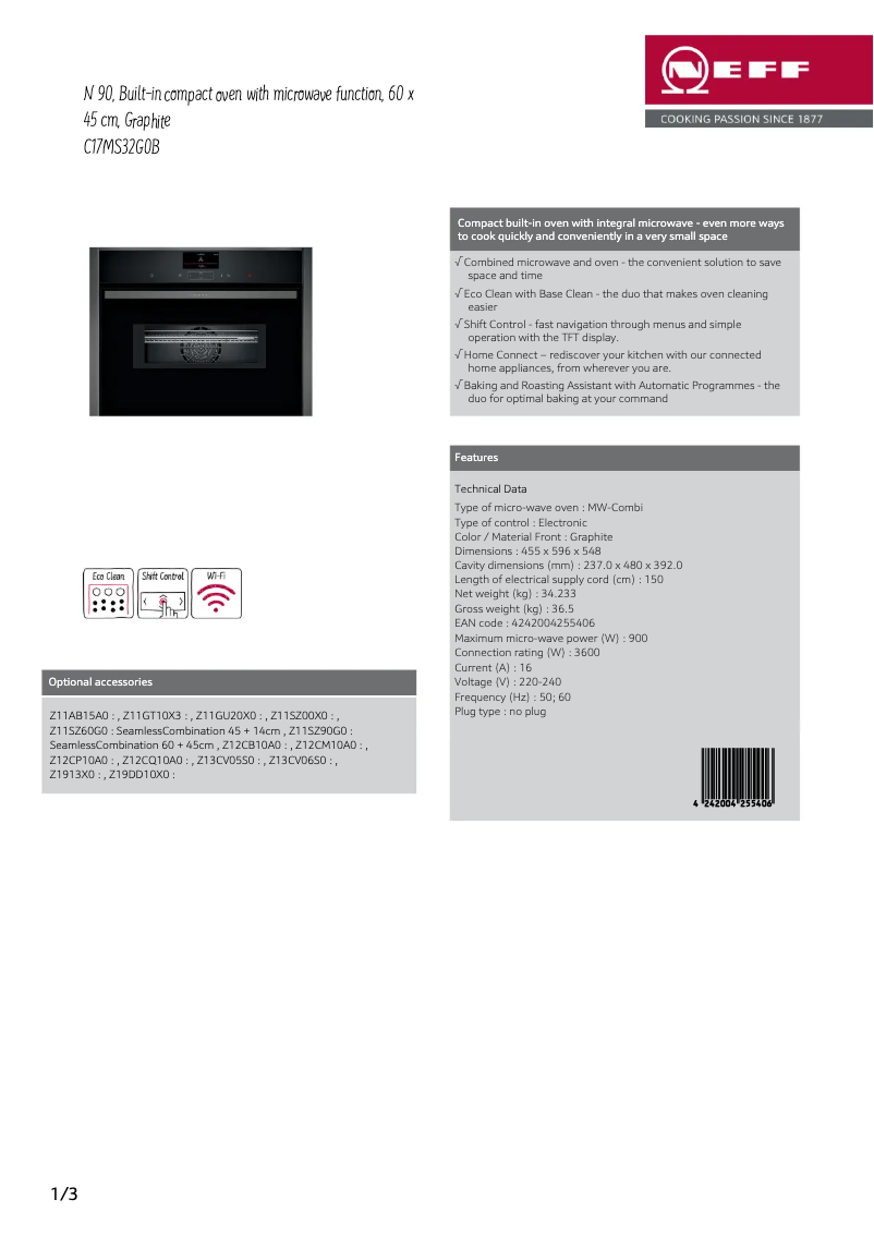 Page 1 de la notice Fiche technique Neff C17MS32G0B