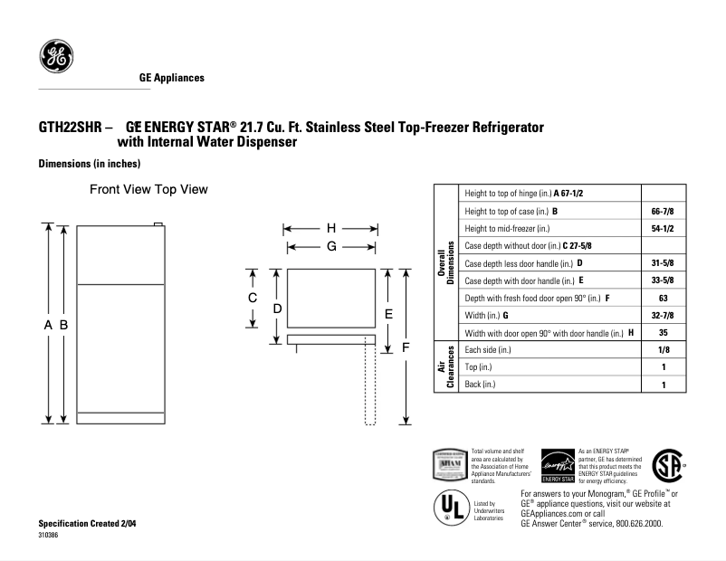 Page 1 de la notice Fiche technique GE GTH22SHRBS
