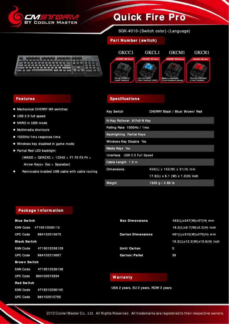 Page 1 de la notice Fiche technique Cooler Master Quick Fire Pro