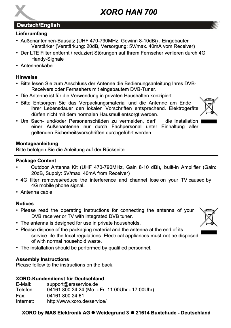 Page 1 de la notice Manuel utilisateur Xoro HAN 700