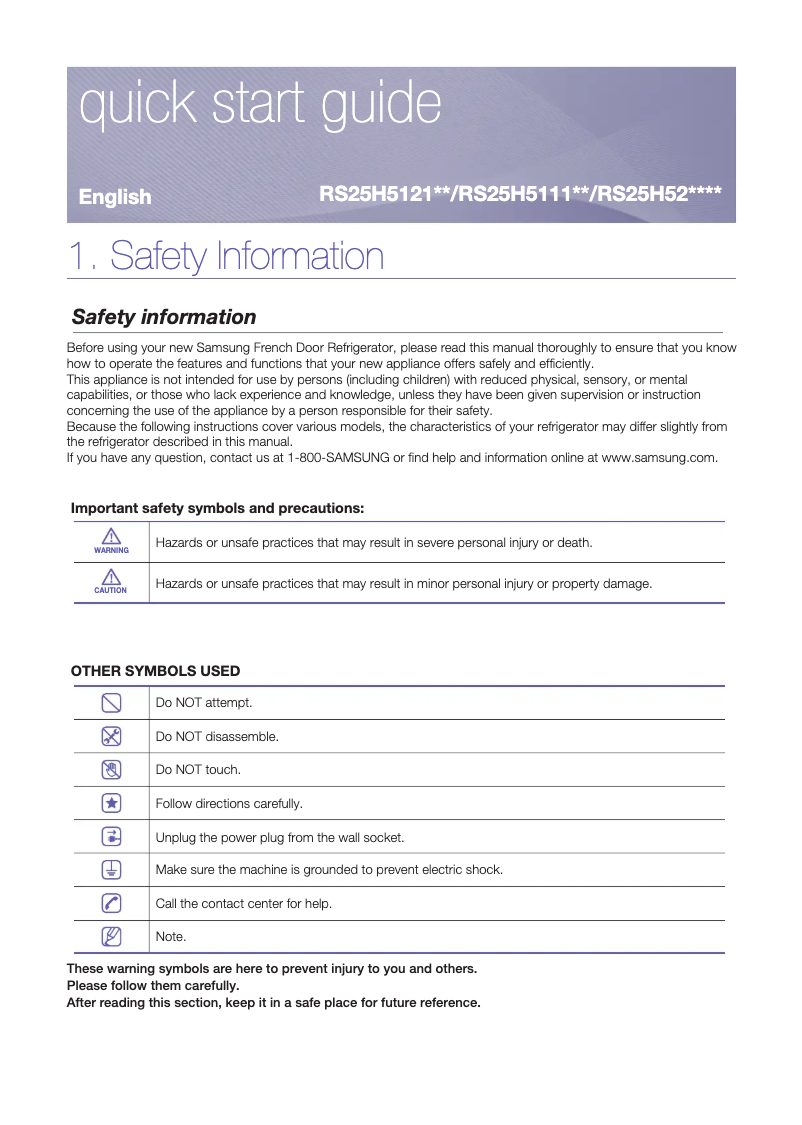 Page 1 de la notice Guide d'installation Samsung RS25H5223SL