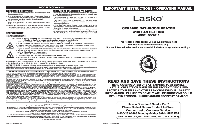 Page 1 de la notice Manuel utilisateur Lasko Ceramic Bathroom Space Heater CD08210