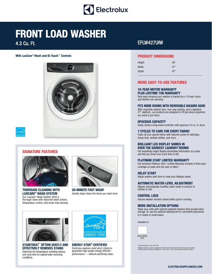 Página 1 del manual Ficha técnica Electrolux EFLW427UIW