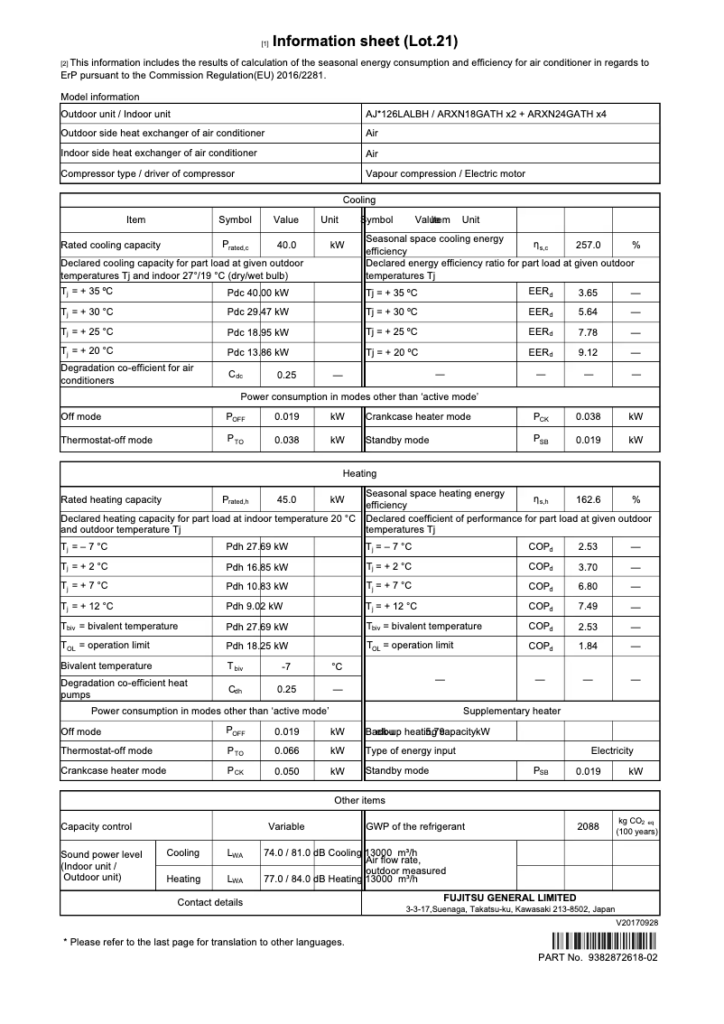 Page 1 de la notice Fiche technique Fujitsu Airstage AJY126LALBH
